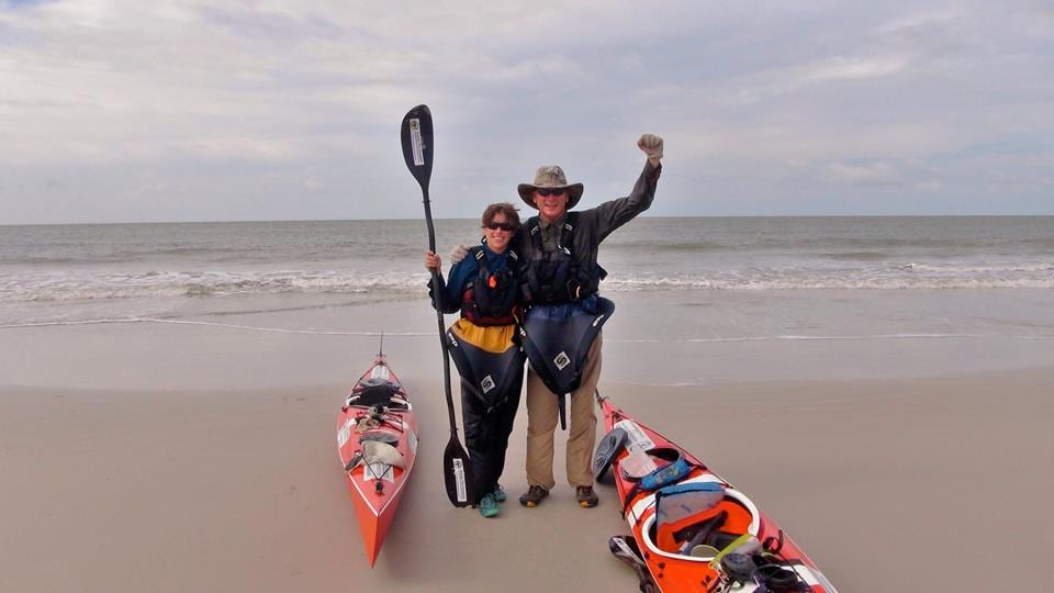 Darcy Gaechter and Don Beveridge post at the finish line of their Amazon trip © | Kayak the Amazon Facebook