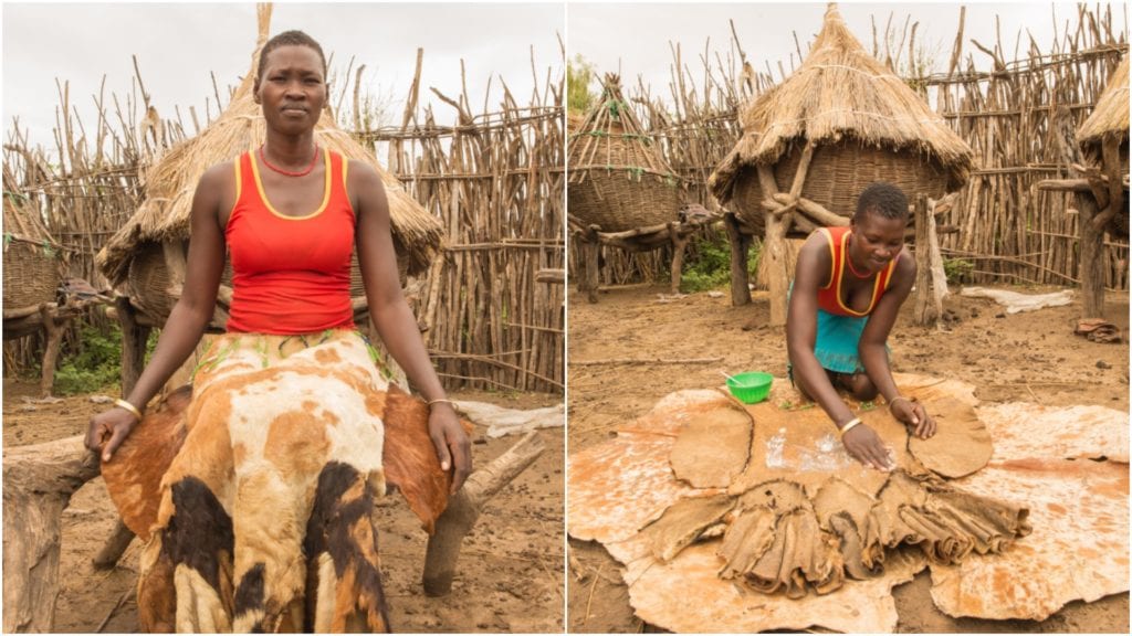 Lepera Joyce uses a goatskin skirt for her period | © WaterAid/James Kiyimba