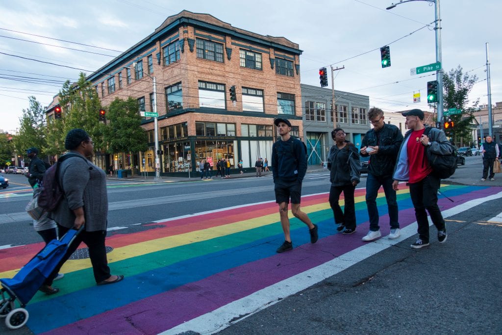 Rainbow crosswalks in Seattle's Capitol Hill lead to woman-founded Wild Rose © | Flickr